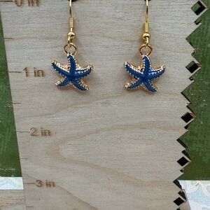 Blue Starfish Drop Earrings - Gold Accent Beach Charm